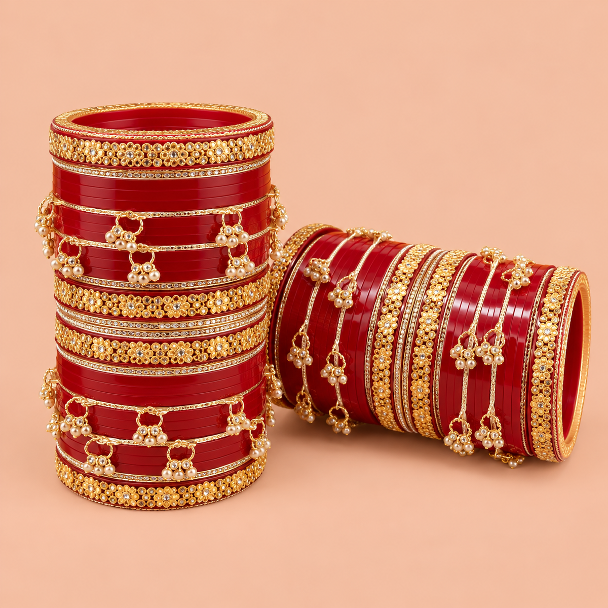 Red and Gold Embellished Bridal Bangles Set for Women