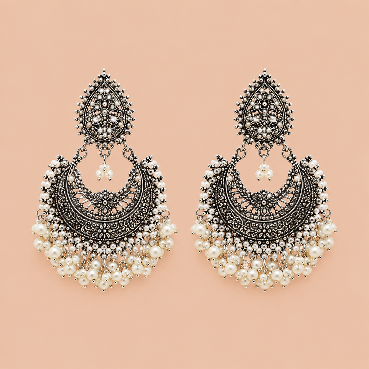 Oxidized Silver Crescent Chandelier Pearl Drop Earrings