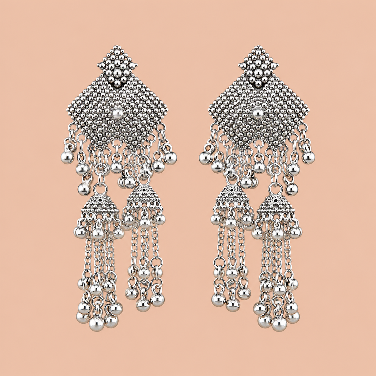 Silver Beaded Tassel Chandelier Earrings with Jhumka Details