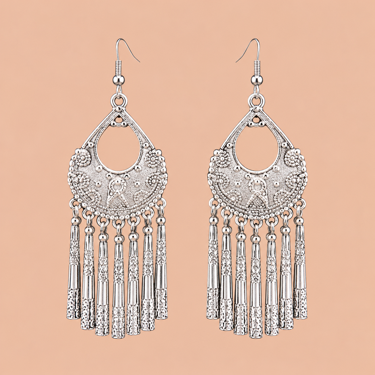 Silver Oxidized Chandelier Tassel Earrings