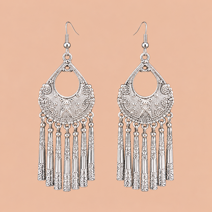 Silver Oxidized Chandelier Tassel Earrings