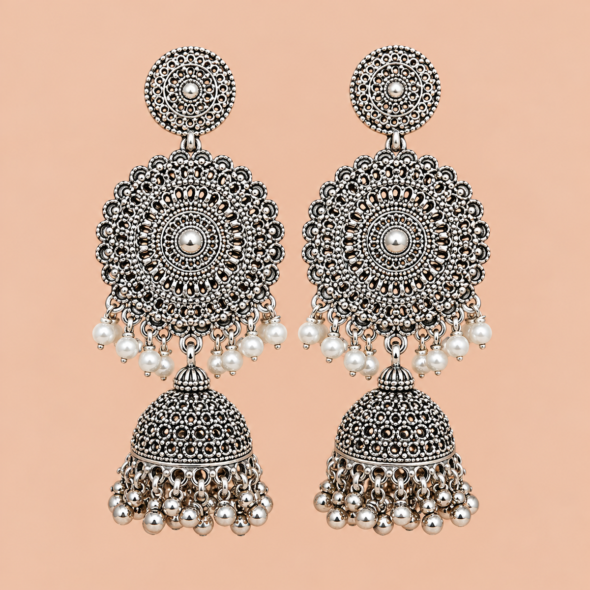 Antique Silver Filigree Jhumka Earrings with Pearl Accents
