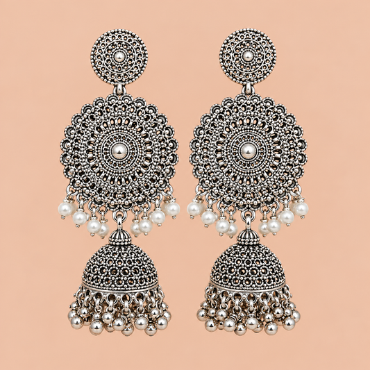 Antique Silver Filigree Jhumka Earrings with Pearl Accents