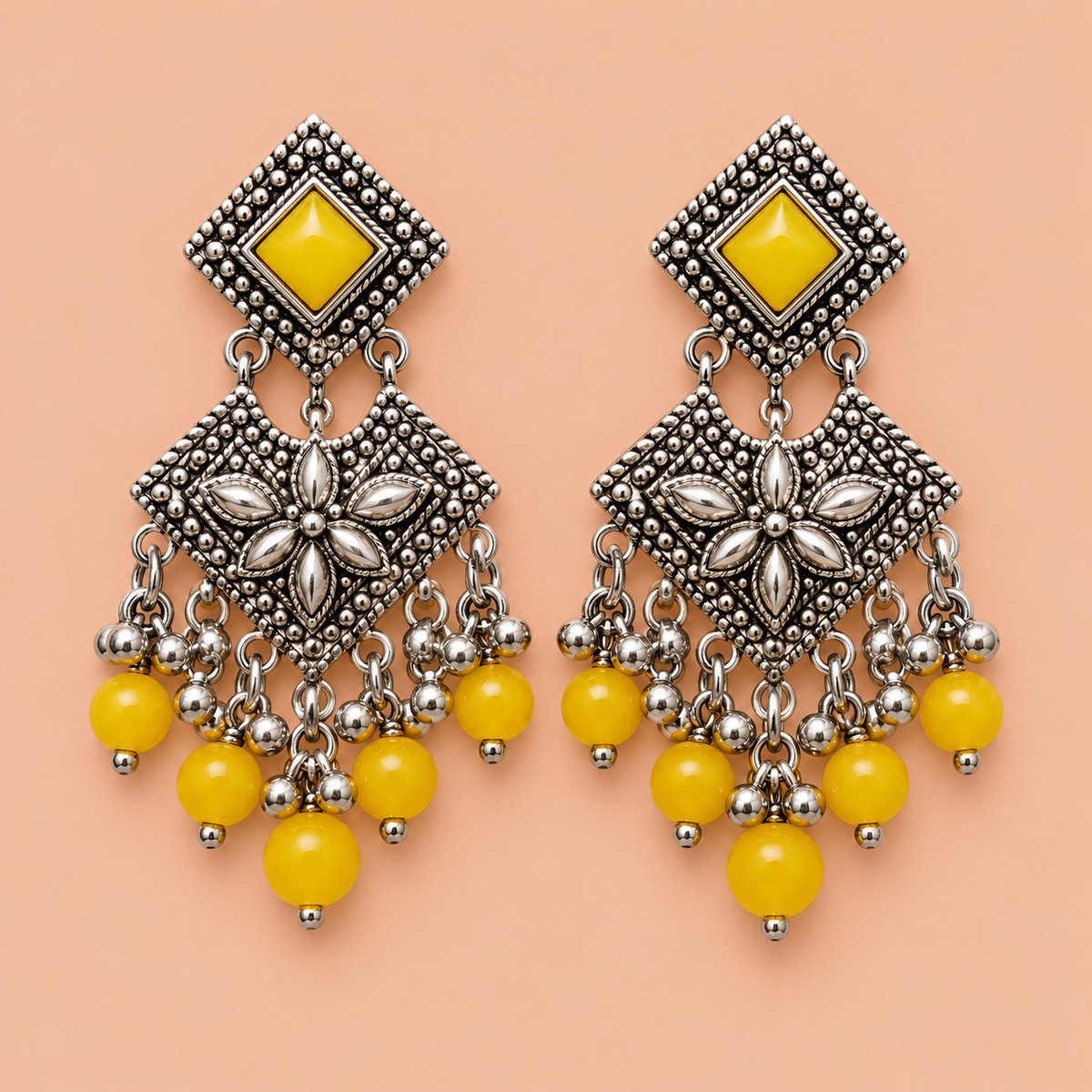 Yellow Diamond-Shaped Stone Silver Tone Dangle Earrings
