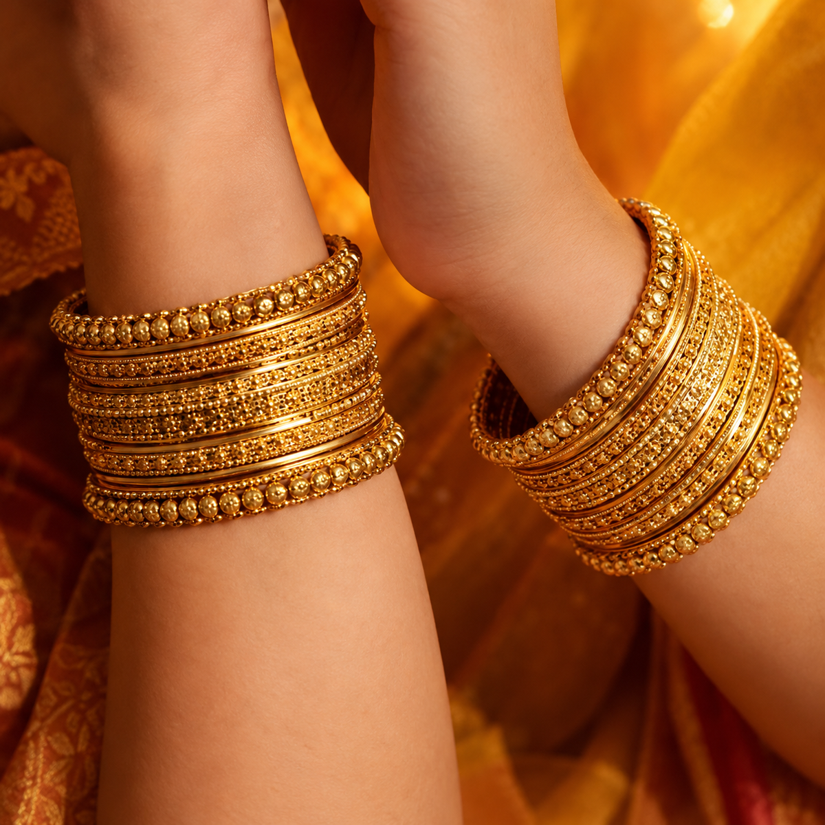 Gold-Tone Embellished Bangles with Decorative Beadwork