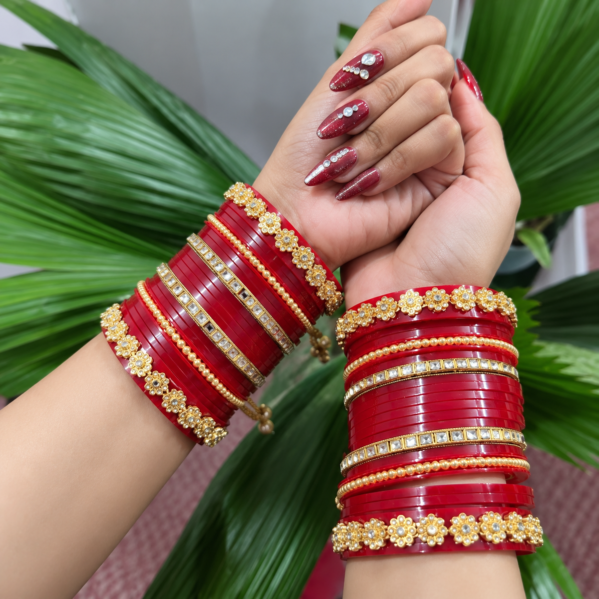 Red and Gold Embellished Bridal Bangles Set for Women