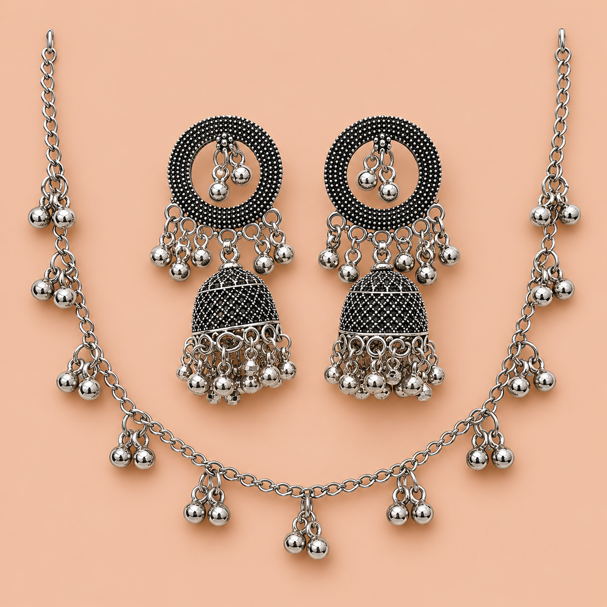 Oxidized Silver Tone Necklace and Jhumka Earring Set