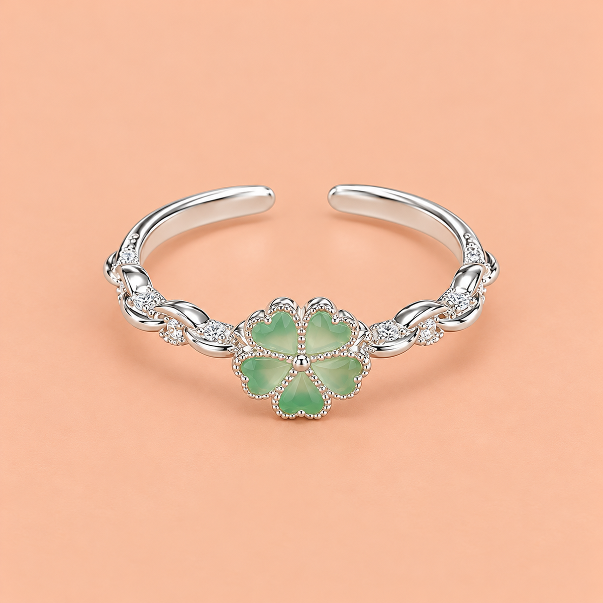 Silver Green Clover Adjustable Ring