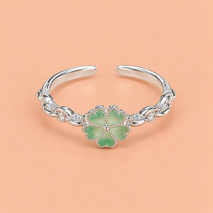 Silver Green Clover Adjustable Ring