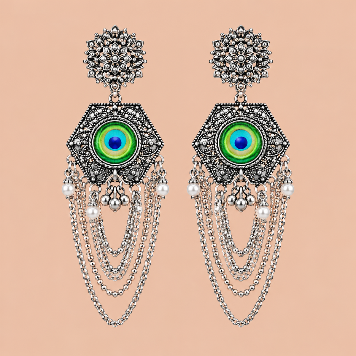 Peacock Eye Silver-Tone Chain Tassel Statement Earrings