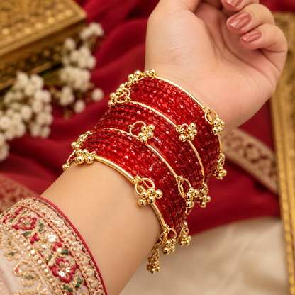 Red Beaded Bangles with Gold-Tone Hanging Charms