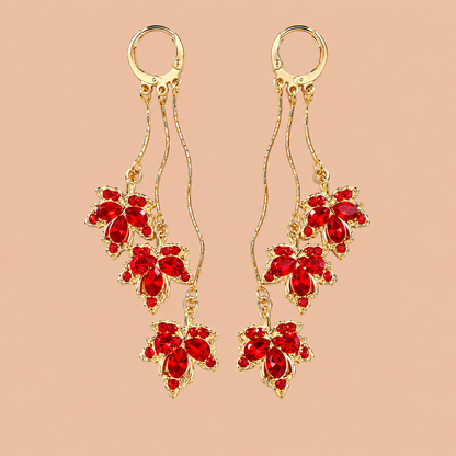 Red Maple Leaf Crystal Tassel Earrings