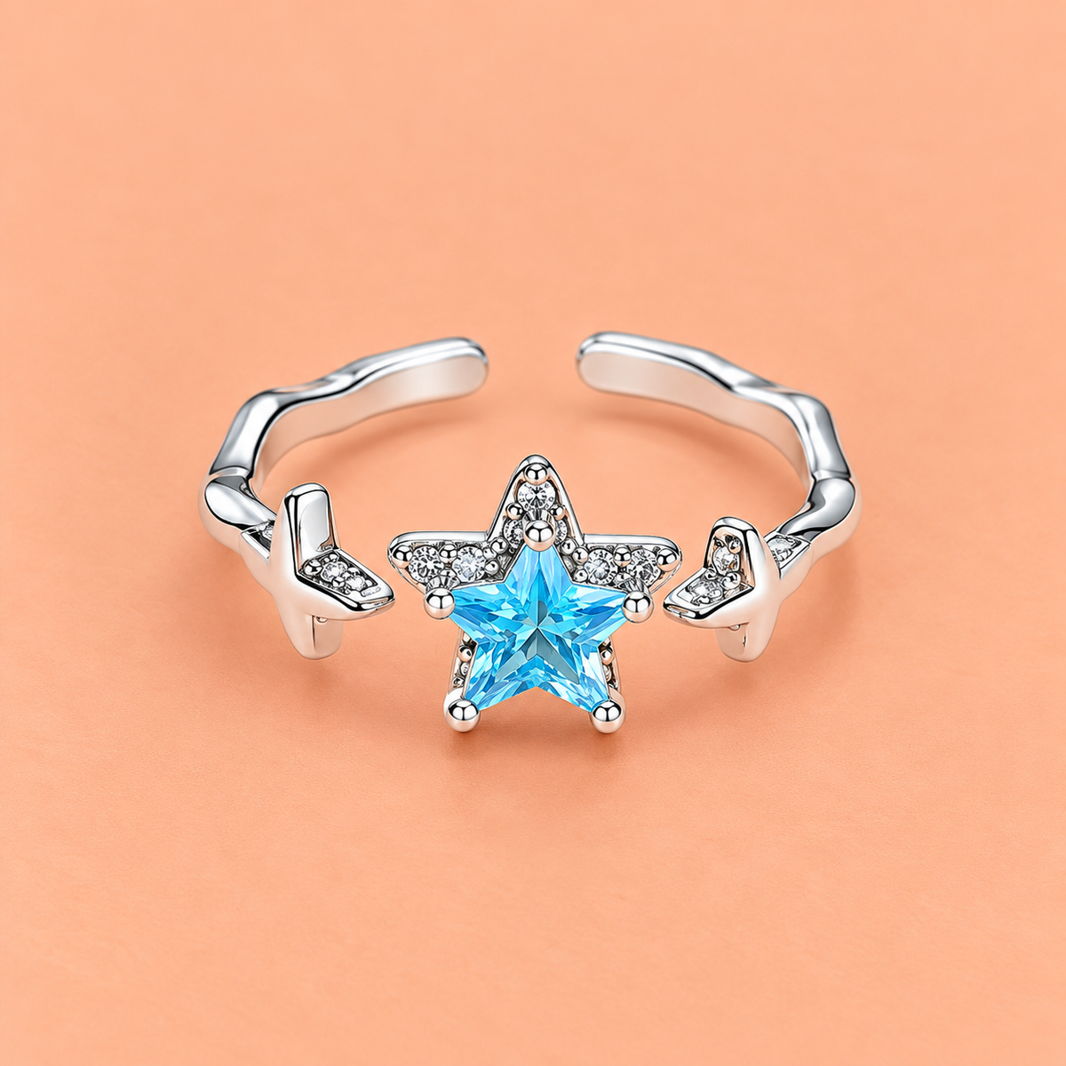 Silver Blue Star Crystal Ring