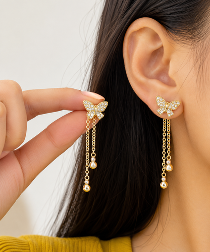 Gold Butterfly Crystal Drop Earrings for Women
