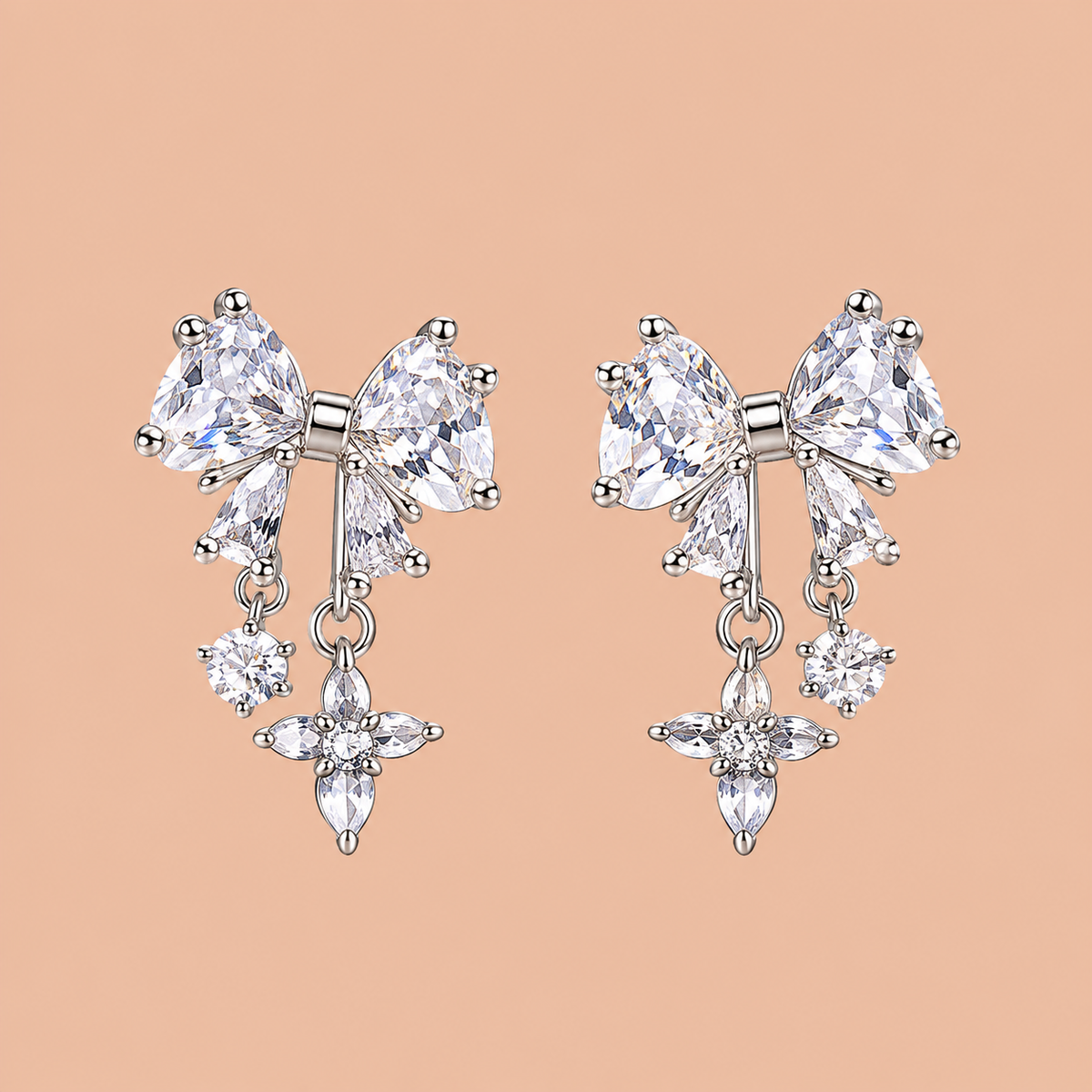 Silver Bow Crystal Tassel Drop Earrings for Women