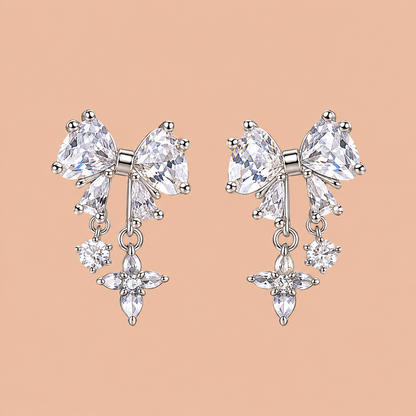 Silver Bow Crystal Tassel Drop Earrings for Women