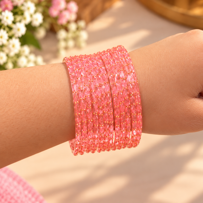 Coral Pink Glitter Churi Bangles for Women
