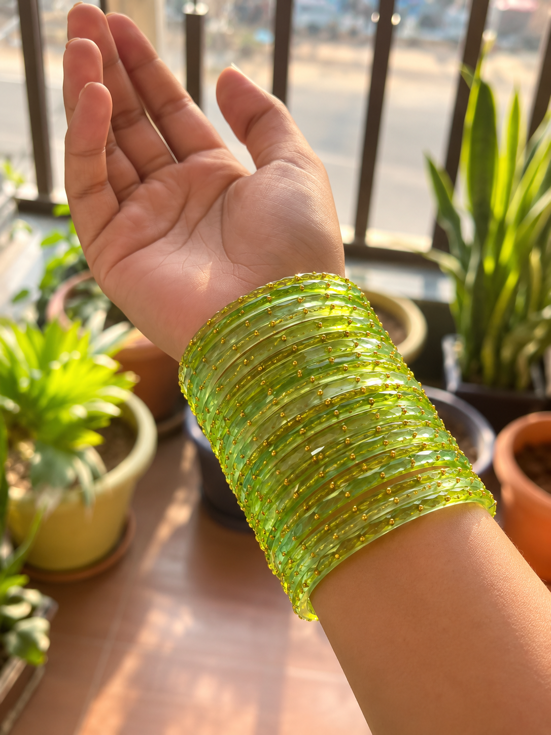 Lime Green Glitter Churi Bangles for Women