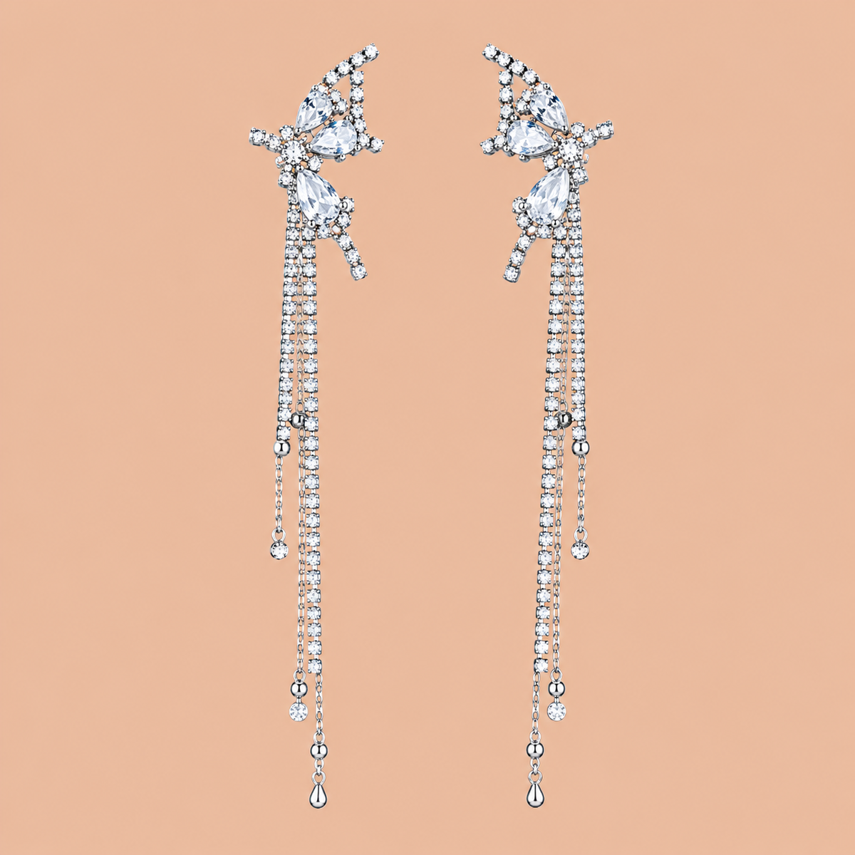 Crystal Butterfly Tassel Ear Cuff Earrings – Silver