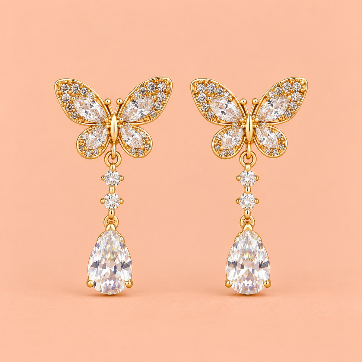 Gold Butterfly Crystal Drop Earrings for Women