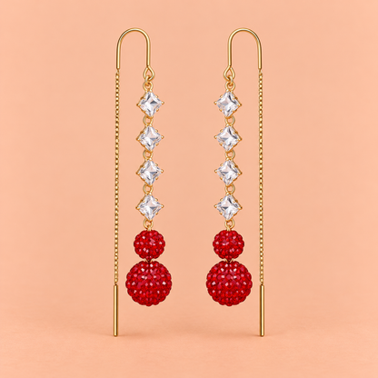 Red Crystal Ball Long Drop Earrings