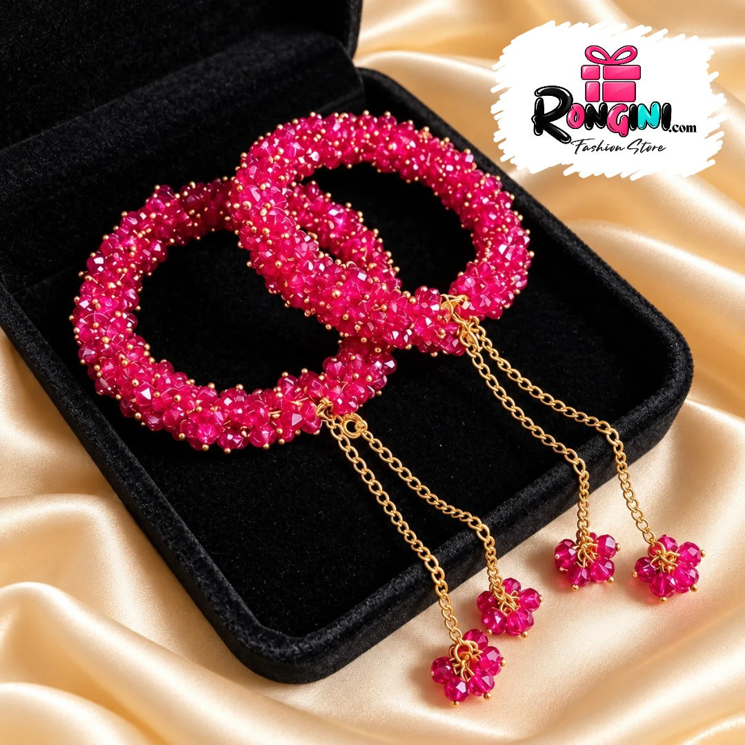 Pink Beaded Bangles with Gold Tone Chain Charms Set