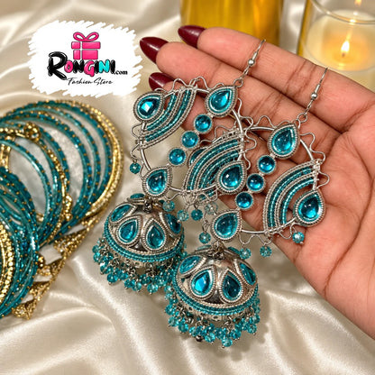 Turquoise Stone Silver Tone Bridal Jewelry Set for Women