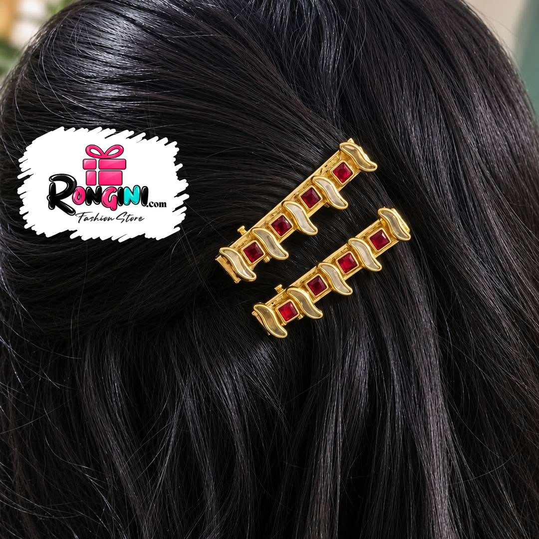Gold Tone Red Stone Hair Clip Set with Wave Design