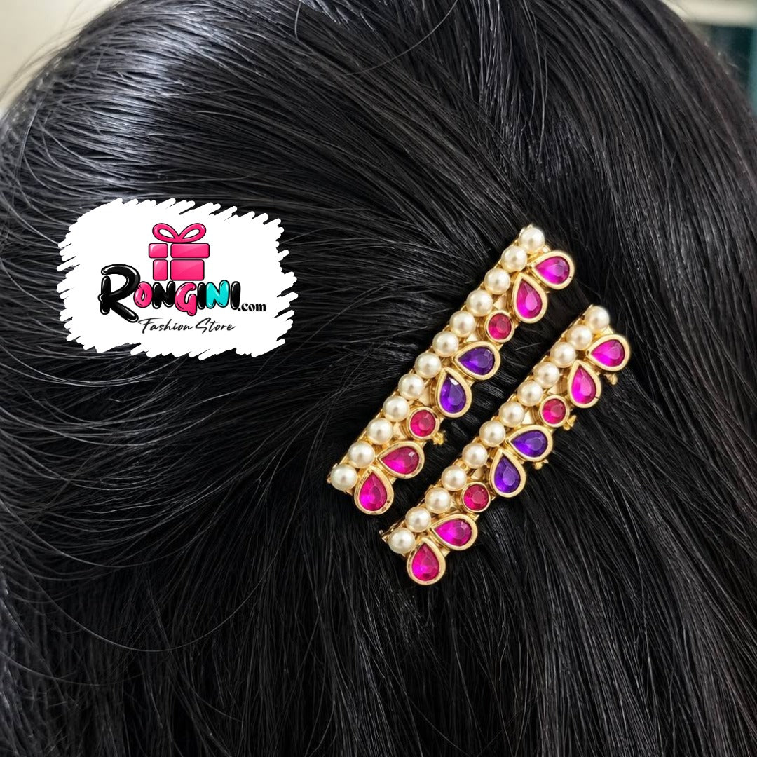 Gold Tone Pearl and Pink Purple Stone Hair Clip Set