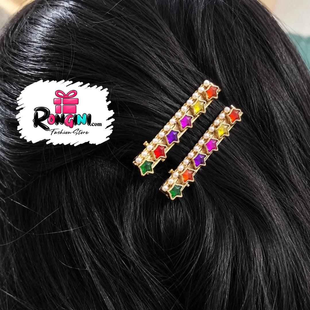 Gold Tone Multicolor Stone and Pearl Hair Clip Set