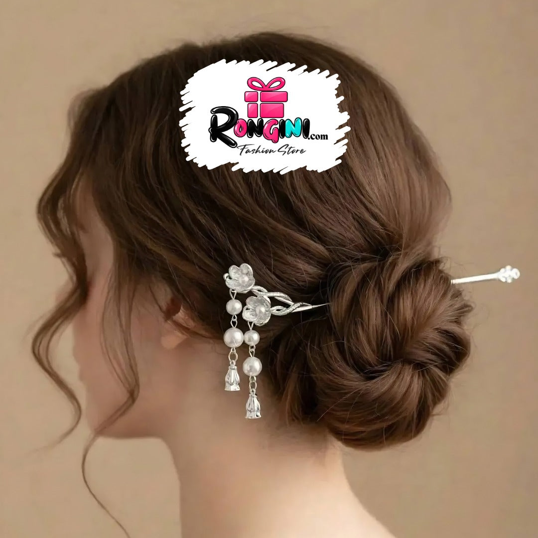 Silver Tone Floral Pearl Hair Stick with Dangle Charms