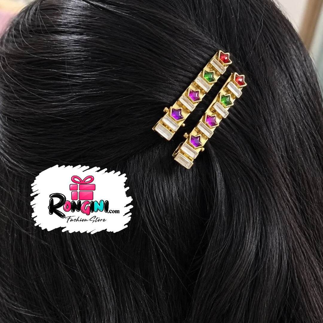 Gold Tone Multicolor Stone and Pearl Hair Clip Set