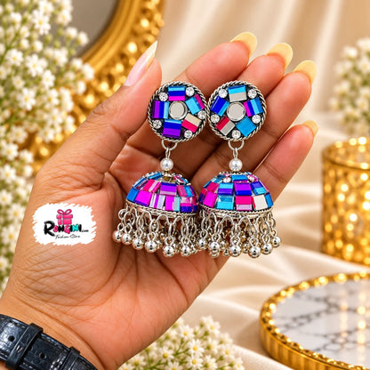 Multicolor Mirror Work Dome Jhumka Earrings with Beads