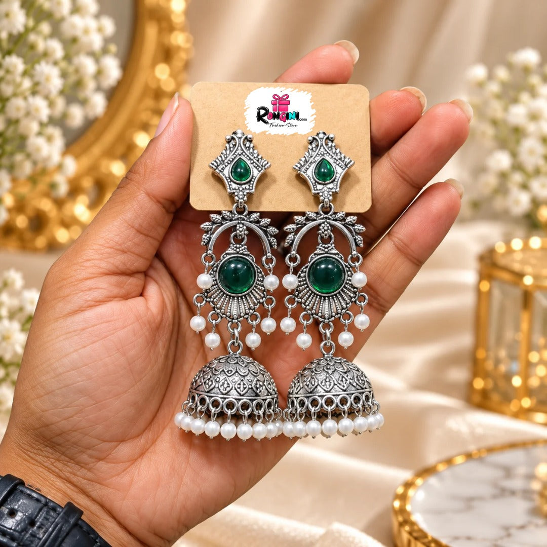 Jaipuri Turquoise Stone Oxidized Silver Jhumka Earrings