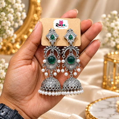 Jaipuri Turquoise Stone Oxidized Silver Jhumka Earrings