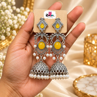 Jaipuri Turquoise Stone Oxidized Silver Jhumka Earrings