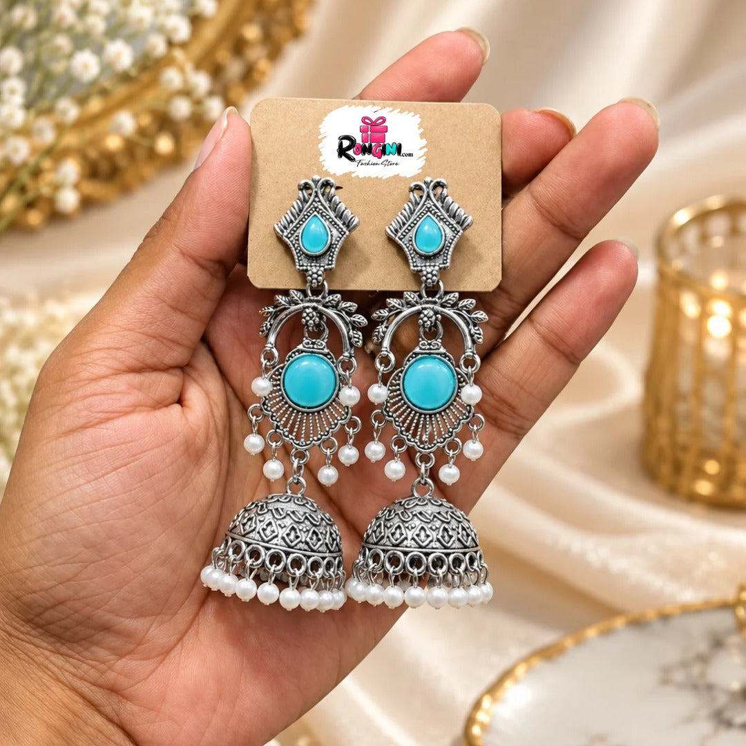 Jaipuri Turquoise Stone Oxidized Silver Jhumka Earrings