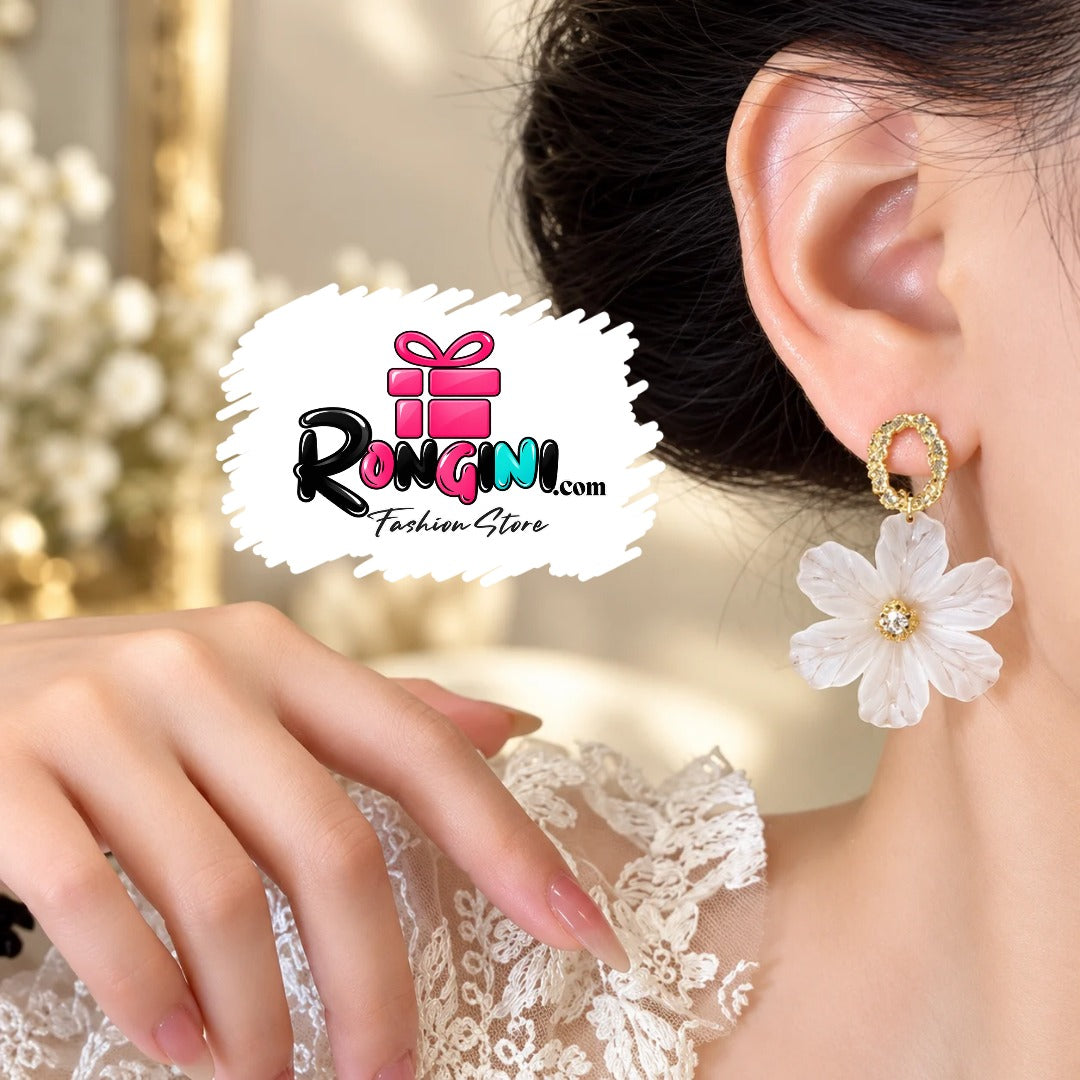White Floral Drop Earrings with Gold Tone Details