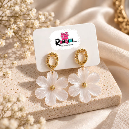 White Floral Drop Earrings with Gold Tone Details