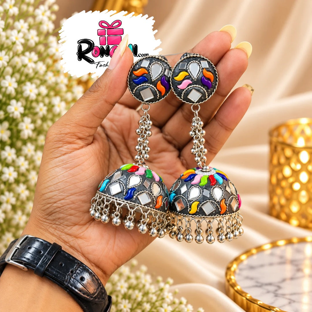Multicolor Mirror Work Dome Jhumka Earrings with Beads