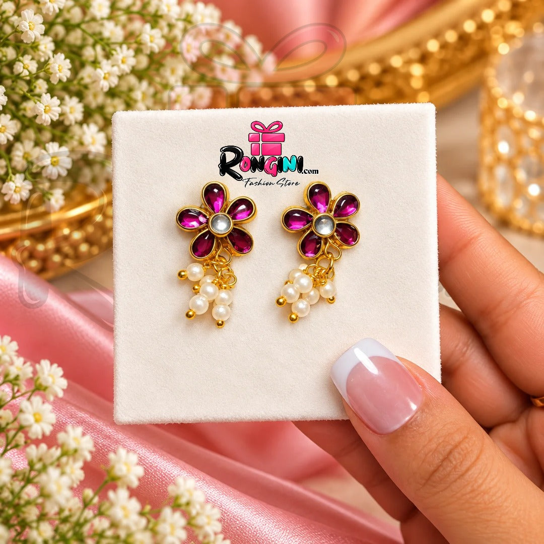 Ruby Pink Floral Drop Earrings with Pearl Bead Details
