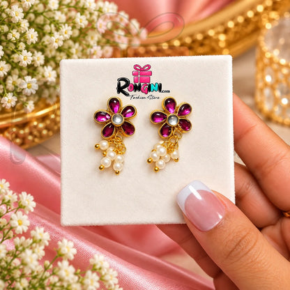 Ruby Pink Floral Drop Earrings with Pearl Bead Details