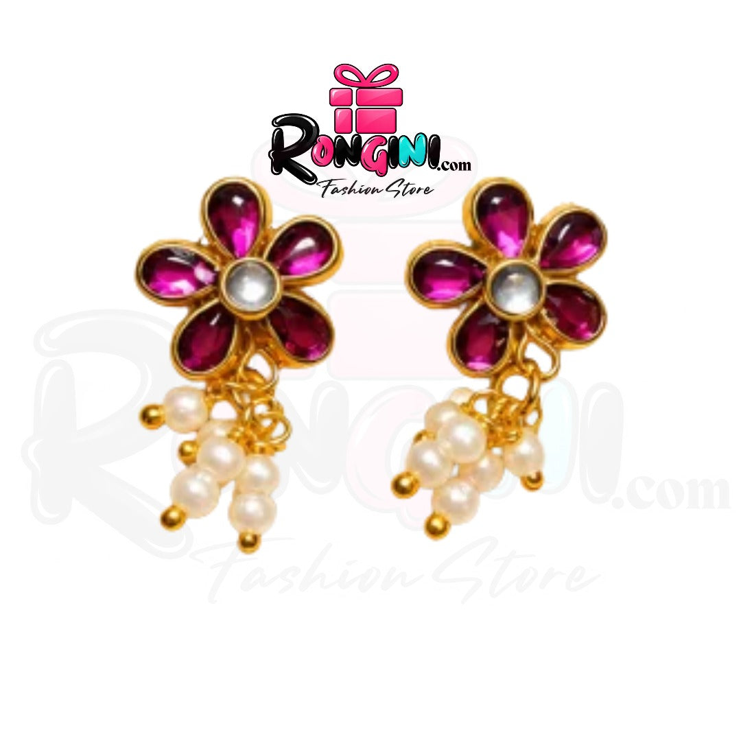 Ruby Pink Floral Drop Earrings with Pearl Bead Details