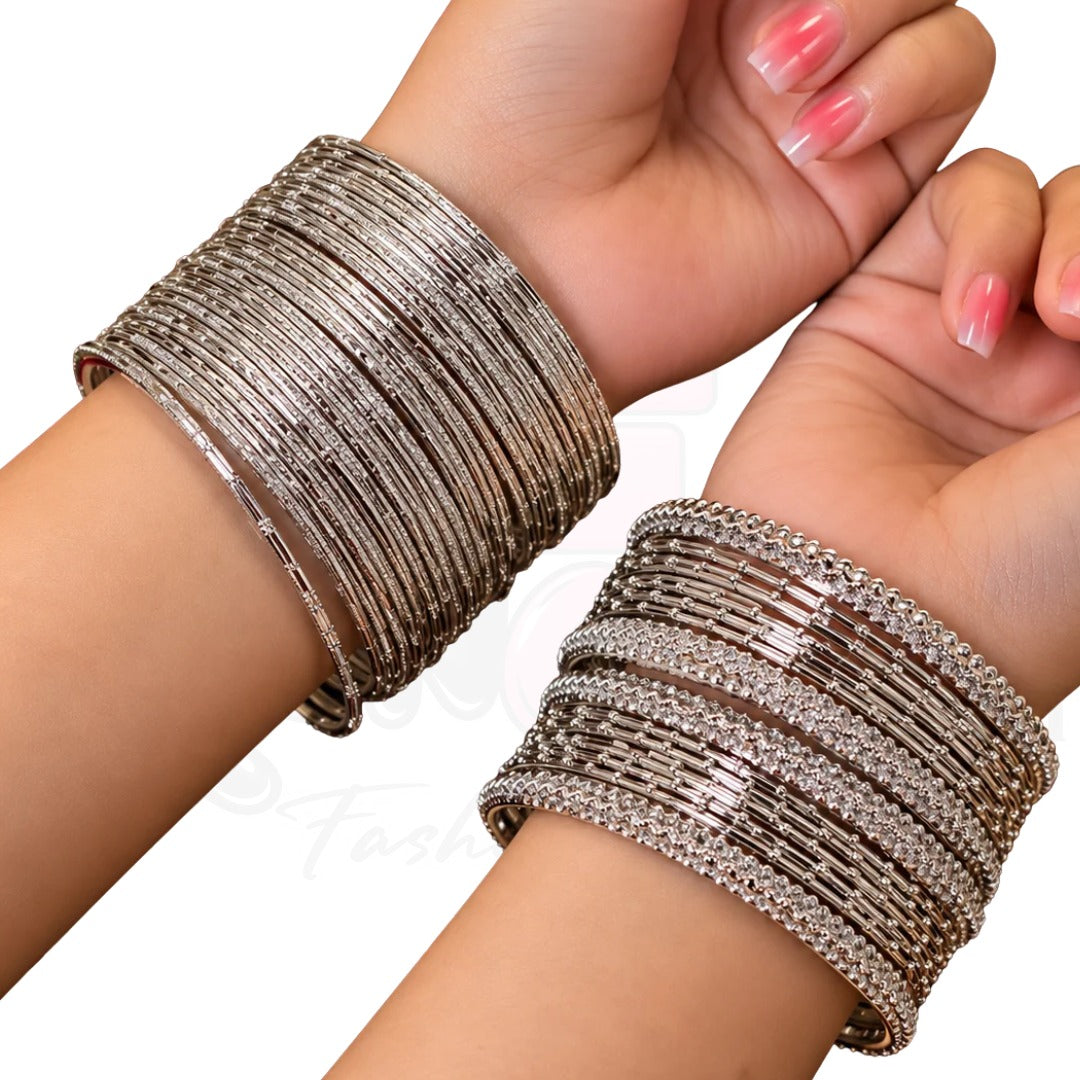 Silver Tone Traditional Bangles Set – Decorative Metallic Finish