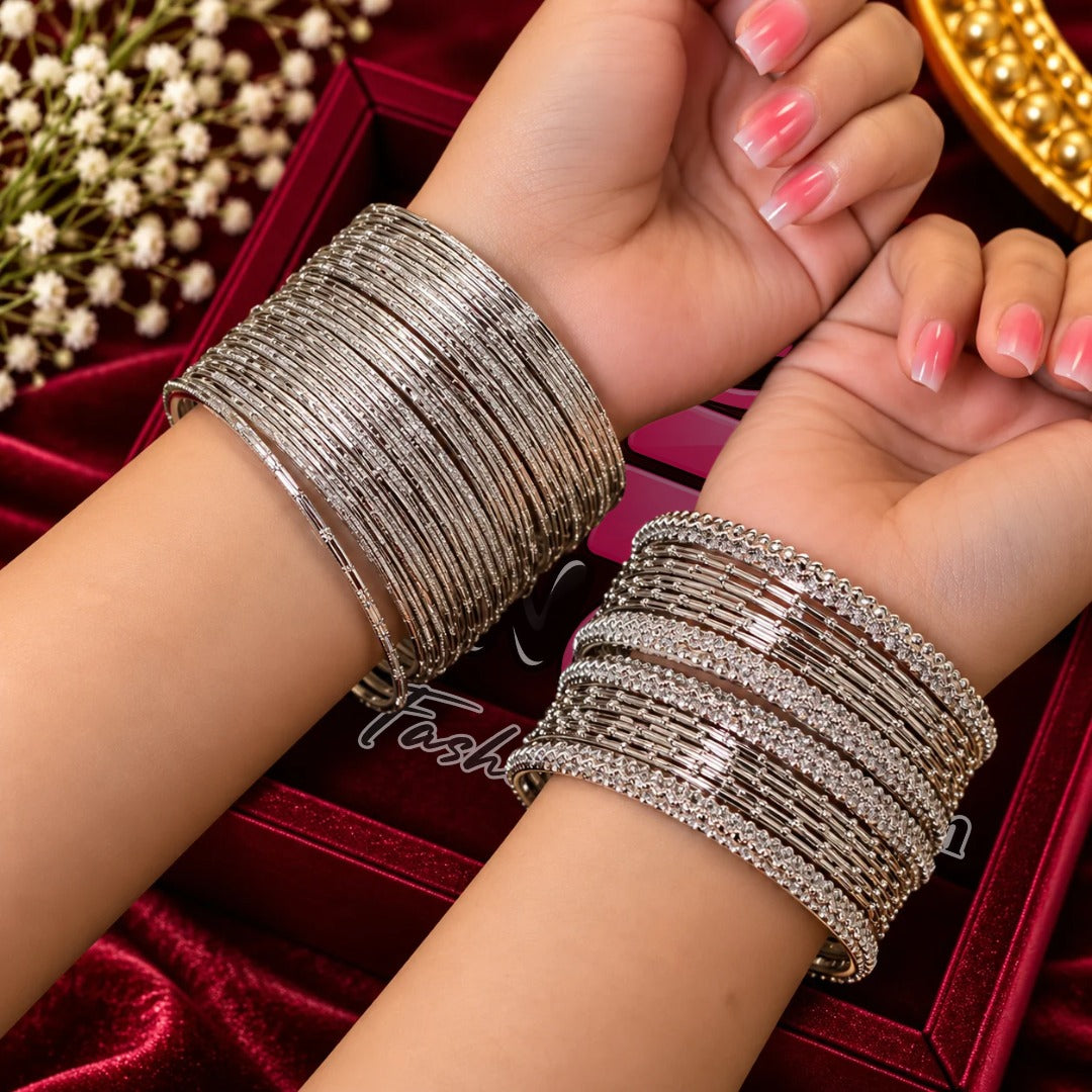 Silver Tone Traditional Bangles Set – Decorative Metallic Finish