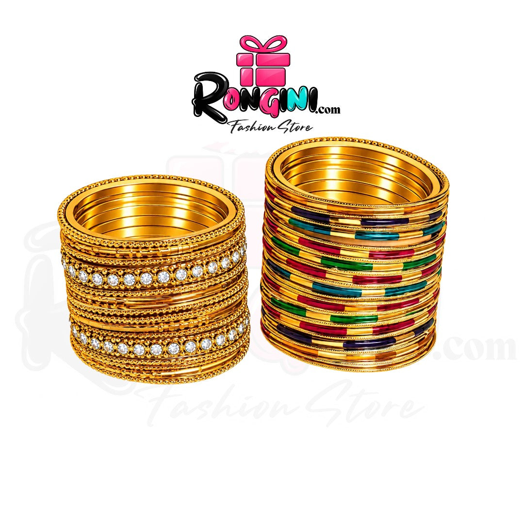 Gold Tone Multicolor Enamel and Rhinestone Bangles Set
