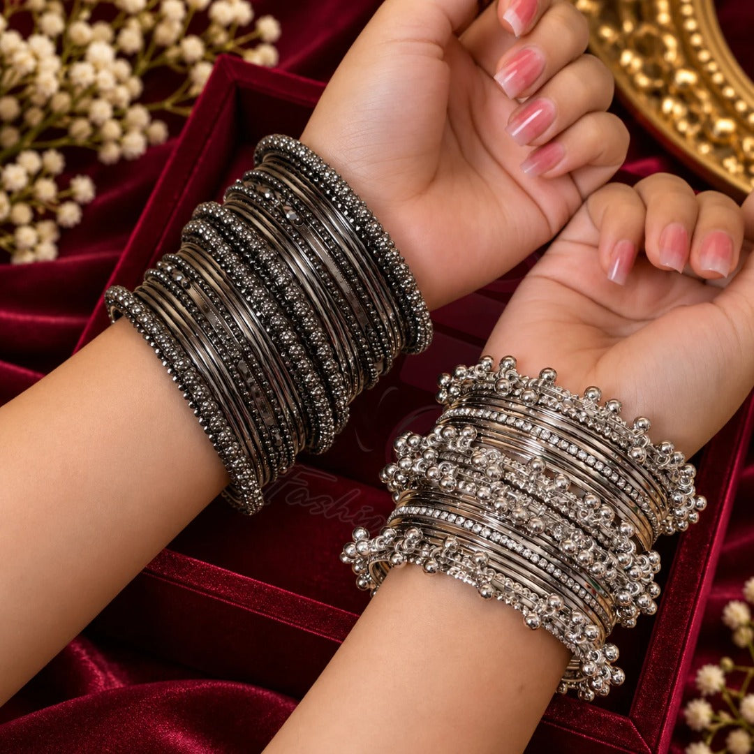 Oxidized Silver Tone Stone and Beaded Bangles Set for Women