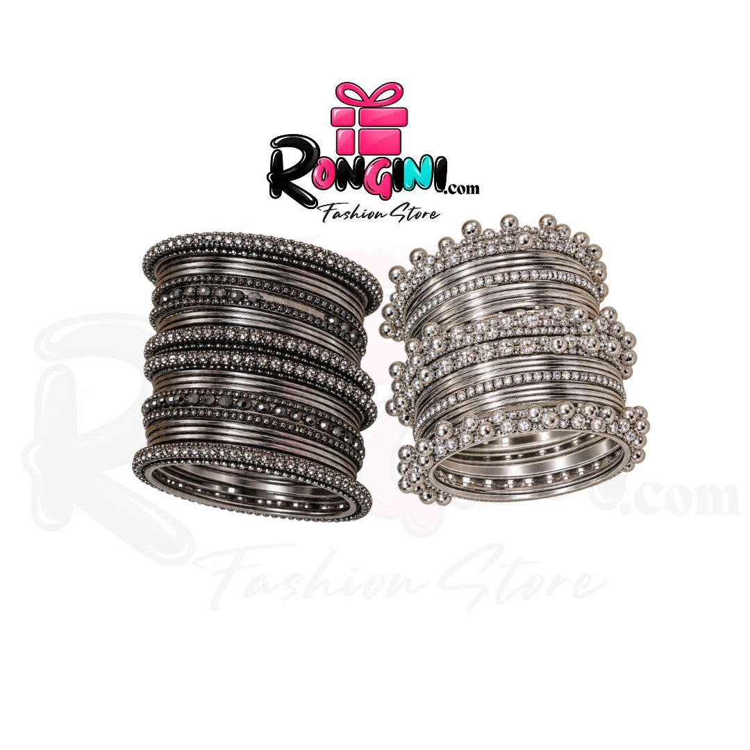 Oxidized Silver Tone Stone and Beaded Bangles Set for Women
