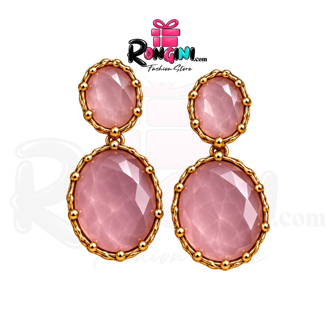 Rose Pink Oval Stone Drop Earrings with Gold Tone Frame