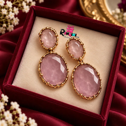 Rose Pink Oval Stone Drop Earrings with Gold Tone Frame